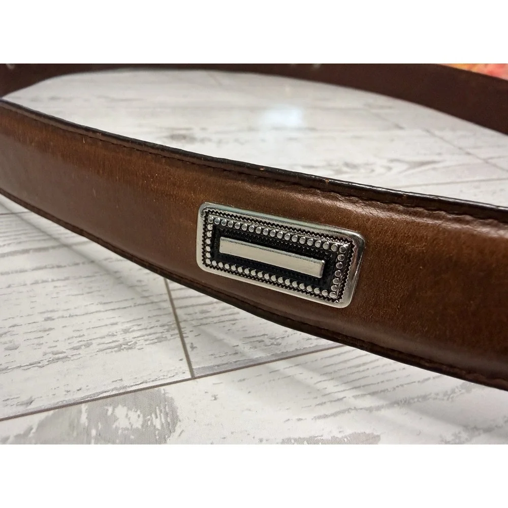 Vintage Brown Silver Tone Buckle Mens Belt Top Grain Leather Size 42 Fits to 44